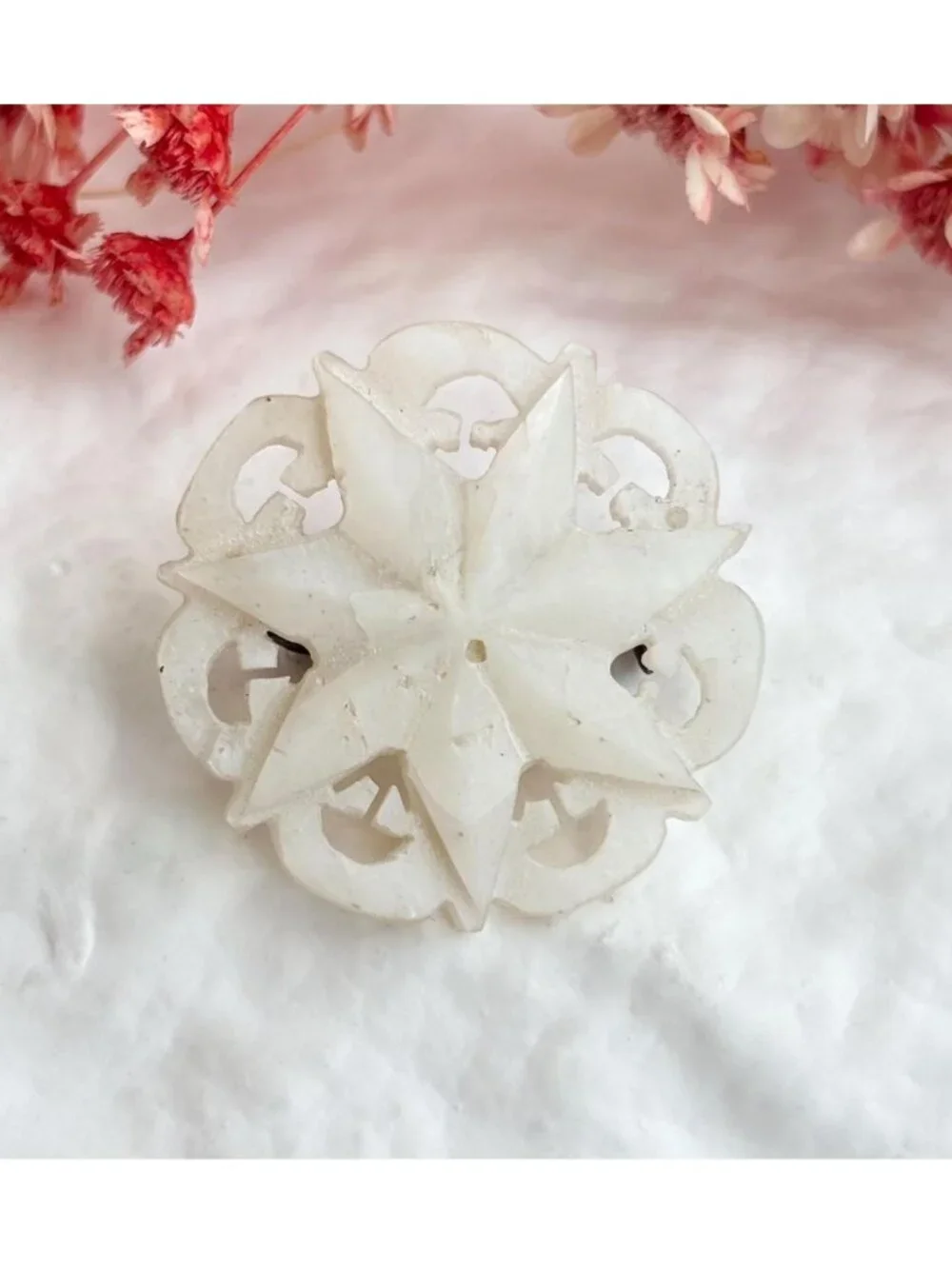 Mother of Pearl Snowflake Carved Shape Vintage Brooch Pin